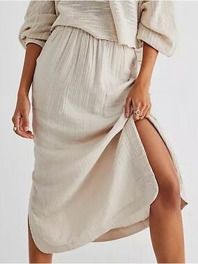 Free People Easy Weekend Midi Skirt Dust Storm Beige Gauze Pockets Boho Sz M